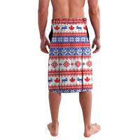 Christmas lavalava back view with red white blue holiday pattern of reindeer and maple leaves