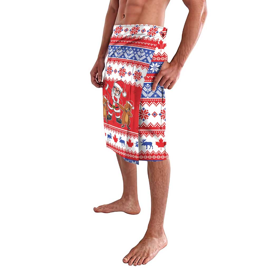 Christmas lavalava side view showing Santa and groundhog panel on red white blue print