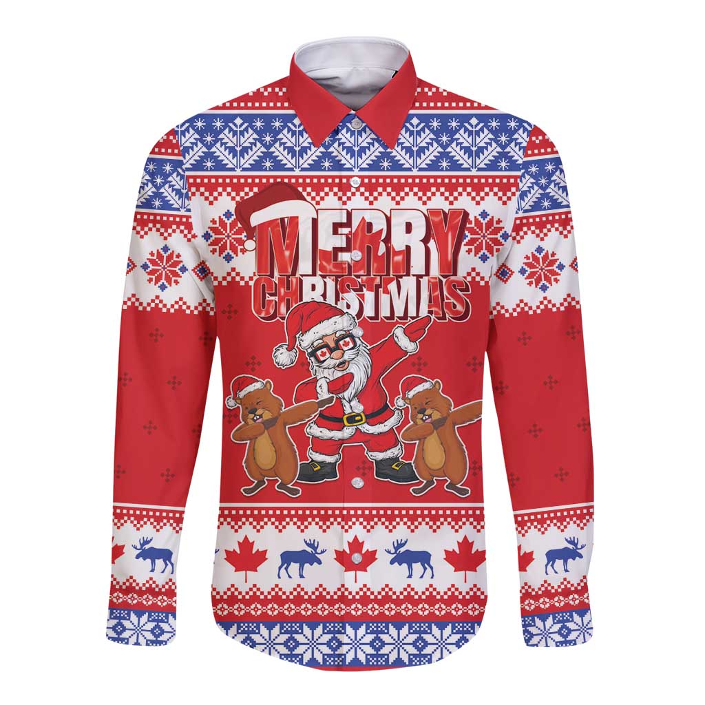 Red long-sleeve button shirt with Santa and groundhogs, Christmas pattern, front graphic