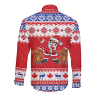 Red long-sleeve button shirt with Santa and groundhogs, Christmas pattern, back view