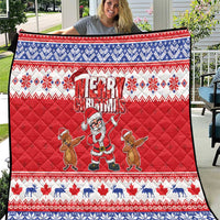 Red Christmas quilt with blue and white trim, featuring Santa and groundhog prints
