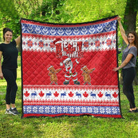Red Christmas quilt with patterned border, Merry Christmas text, Santa and groundhog figures