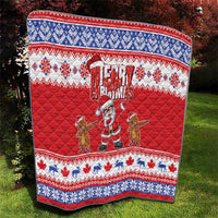 Red Christmas quilt with blue snowflake banding, Merry Christmas text, Santa and groundhogs