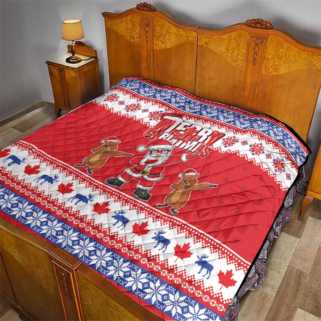 Red Christmas quilt on bed with blue-and-white border, featuring Santa and groundhogs