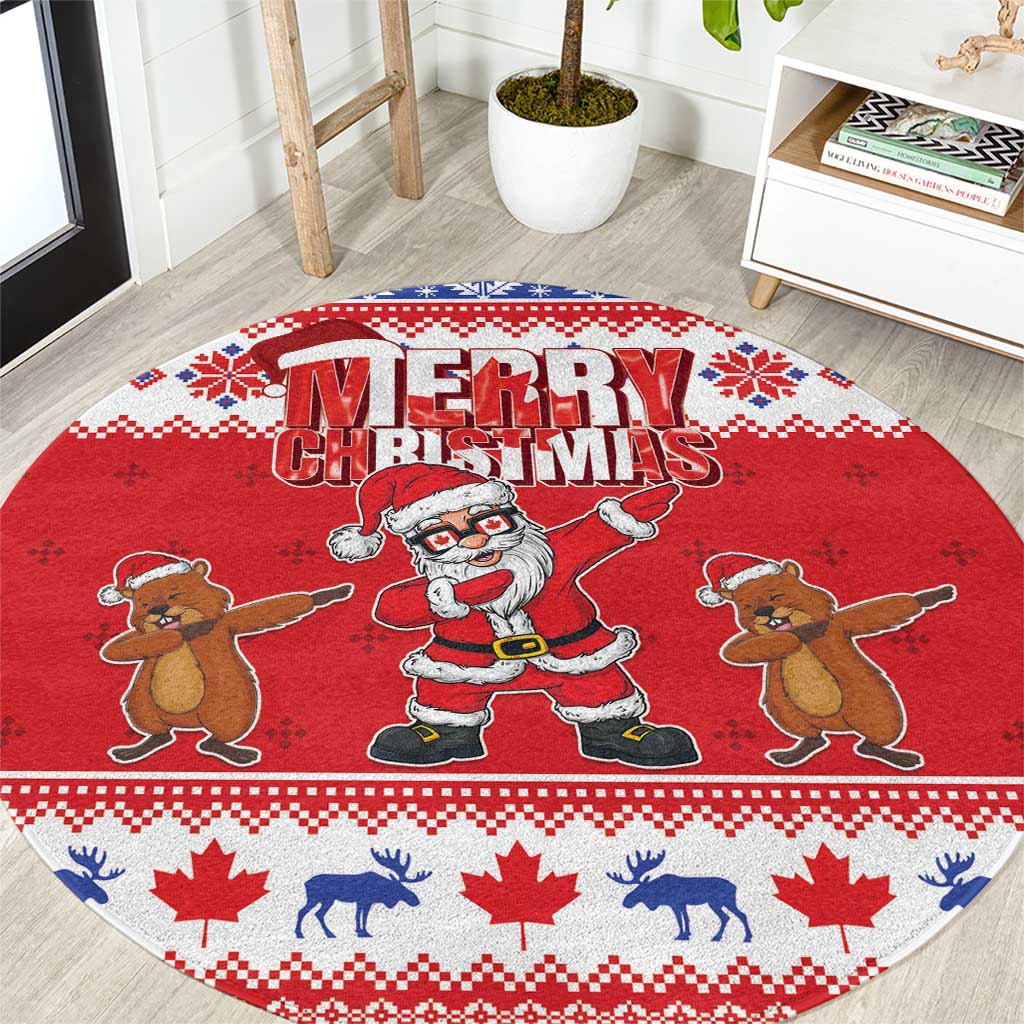 Red round holiday rug with 'Merry Christmas', Santa and gingerbread dancing figures