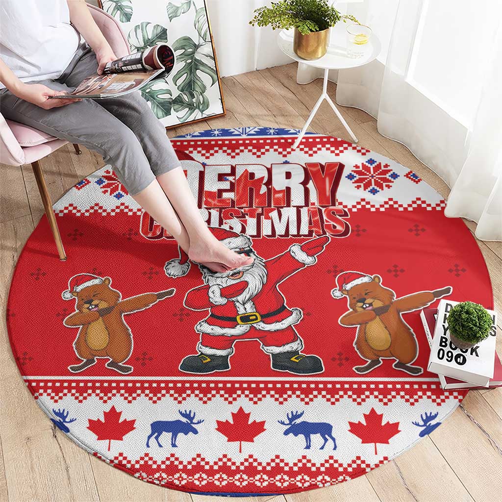 Red round Christmas rug with Merry Christmas text, Santa and dancing gingerbread figures