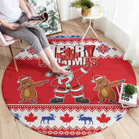 Red round Christmas rug with Merry Christmas text, Santa and dancing gingerbread figures