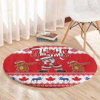 Red round holiday rug with Merry Christmas text, Santa and gingerbread dancing figures