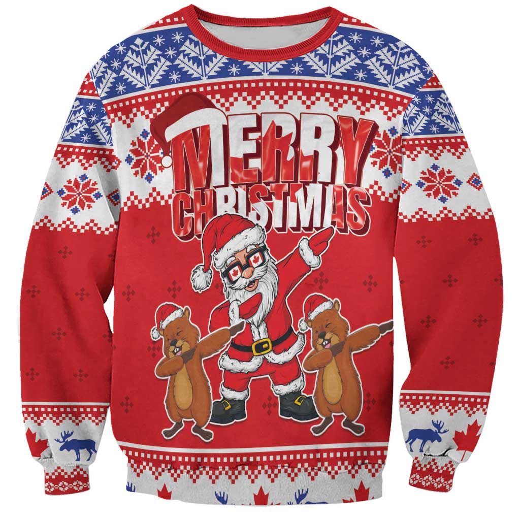 Red Christmas sweatshirt with “Merry Christmas” graphic, Santa dabbing with groundhogs
