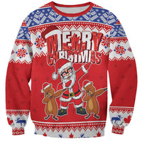 Red Christmas sweatshirt with “Merry Christmas” graphic, Santa dabbing with groundhogs