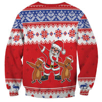 Red Christmas sweatshirt back with festive pattern, Santa and groundhogs graphic
