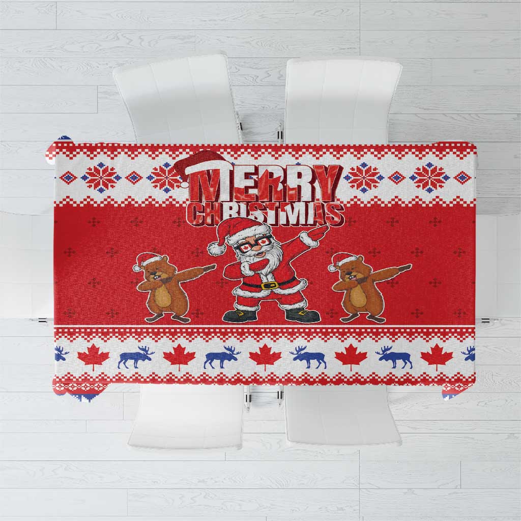 Red holiday tablecloth with blue border, Santa and gingerbread motifs, Merry Christmas