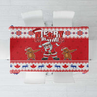Red holiday tablecloth with blue border, Santa and gingerbread motifs, Merry Christmas