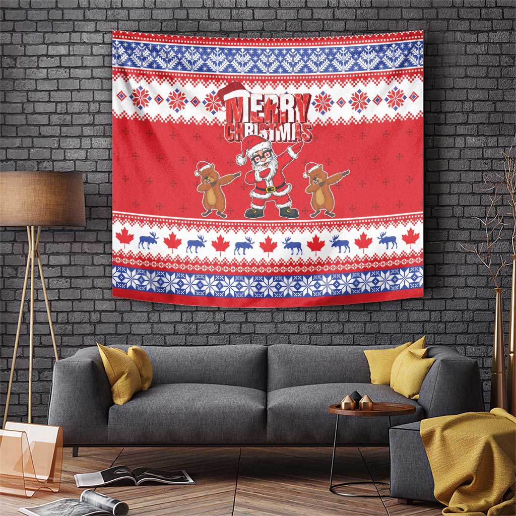 Red Christmas tapestry blanket with Santa, gingerbread gingers, and festive border pattern.