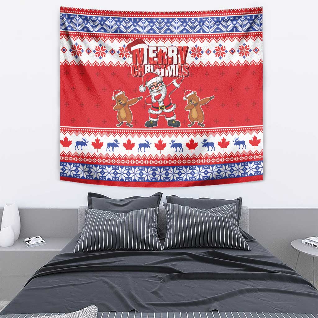 Red holiday wall tapestry with Merry Christmas text, Santa, dancing reindeer, and snowflake trim.