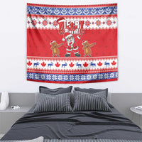 Red holiday wall tapestry with Merry Christmas text, Santa, dancing reindeer, and snowflake trim.