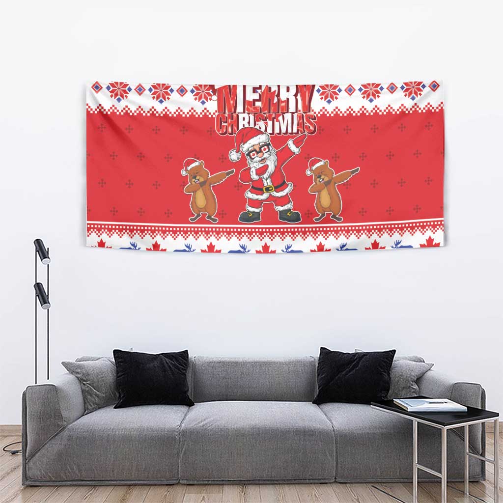 Red Christmas tapestry with Merry Christmas lettering, Santa, and gingerbread characters across top.