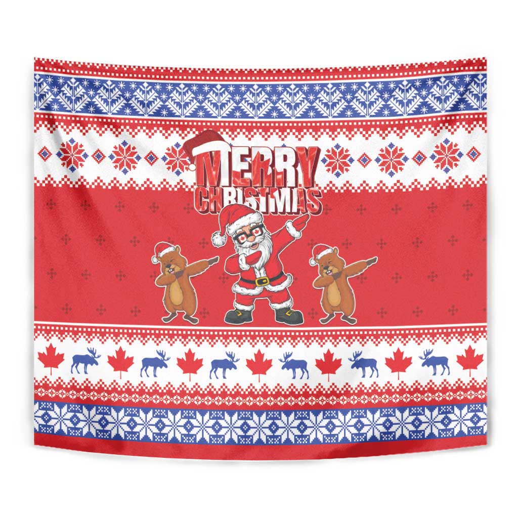 Red festive tapestry wall hanging with Santa illustration, gingerbread characters, and maple motifs.