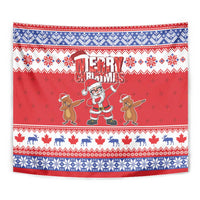 Red festive tapestry wall hanging with Santa illustration, gingerbread characters, and maple motifs.