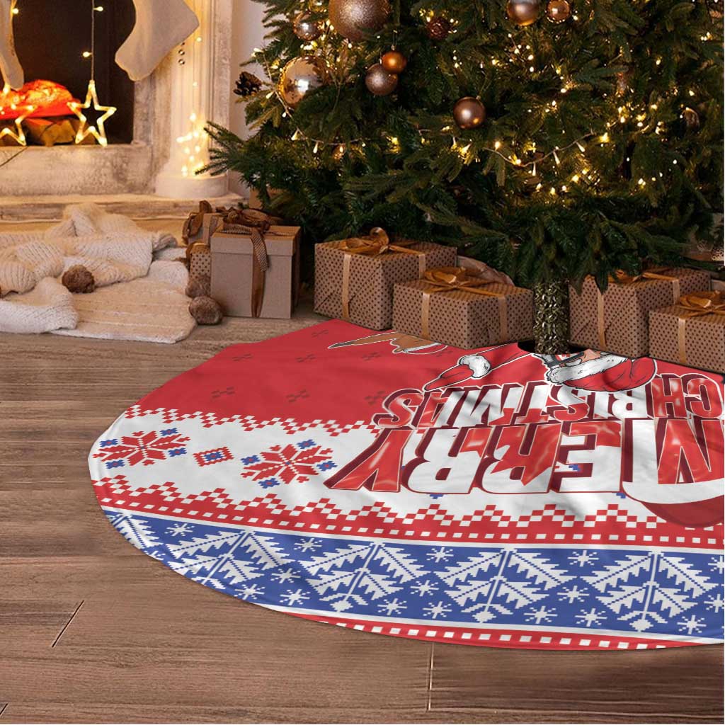 Red round Christmas tree skirt with white fringe and festive Santa plus character graphics