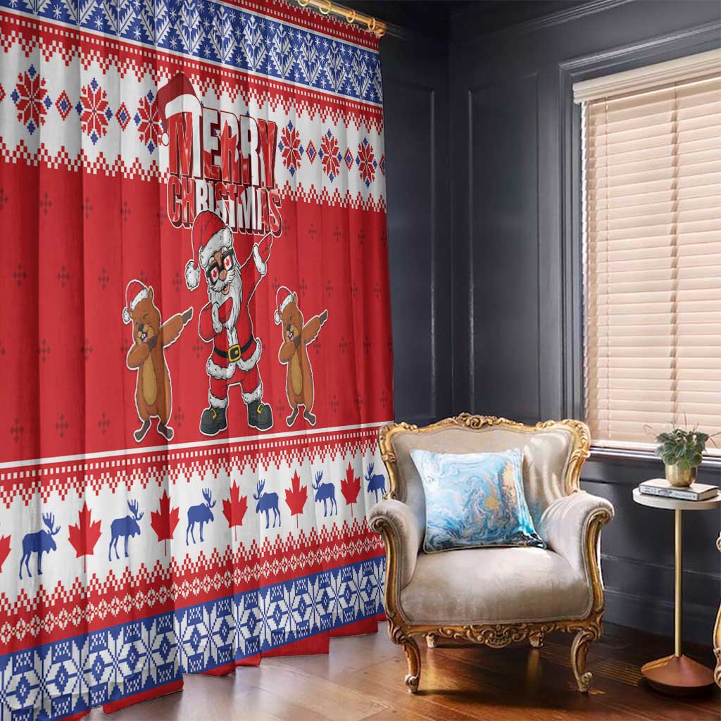 Red holiday window curtain with Santa and groundhog, blue-white Nordic border bands