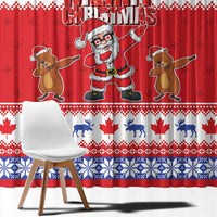 Red Christmas window curtain with Santa and groundhog, blue-white patterned hem