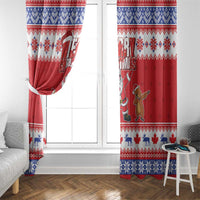 Red Christmas window curtain panels with Santa and groundhog, blue-white top and hem