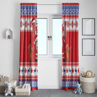 Red Christmas window curtain panels with Santa and groundhog, blue-white festive pattern
