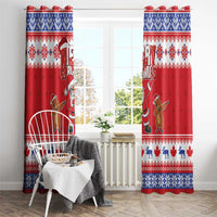Red Christmas window curtain panels with Santa and groundhog, blue-white border motifs