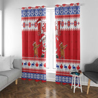 Red Christmas window curtain panels with Santa and groundhog, blue-white trim and motifs