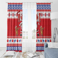 Red Christmas window curtain panels with Santa and groundhog, blue-white Nordic border