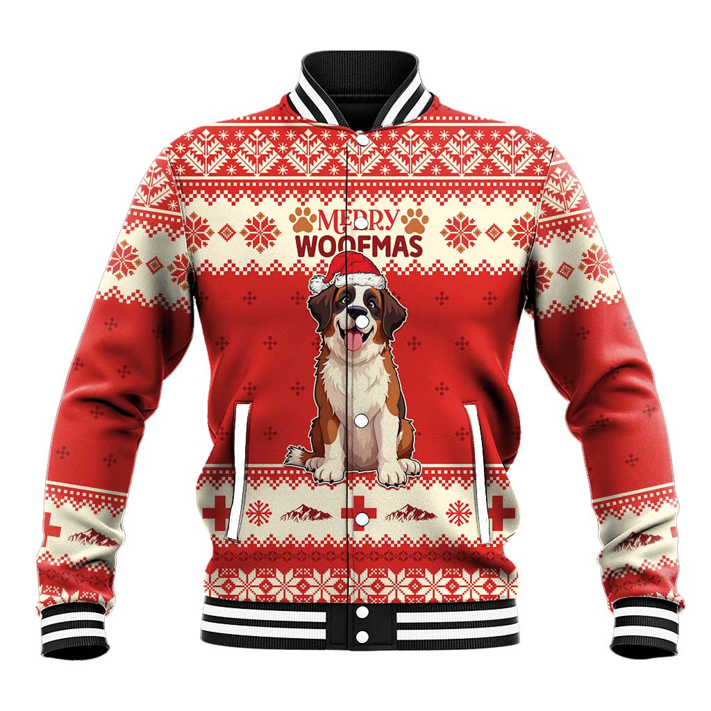 Red baseball jacket with striped collar, fair isle pattern, Saint Bernard graphic and text
