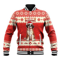 Red baseball jacket with striped collar, fair isle pattern, Saint Bernard graphic and text