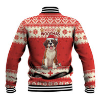 Red baseball jacket back with striped hem, fair isle pattern, Saint Bernard and 'Merry Woofmas'