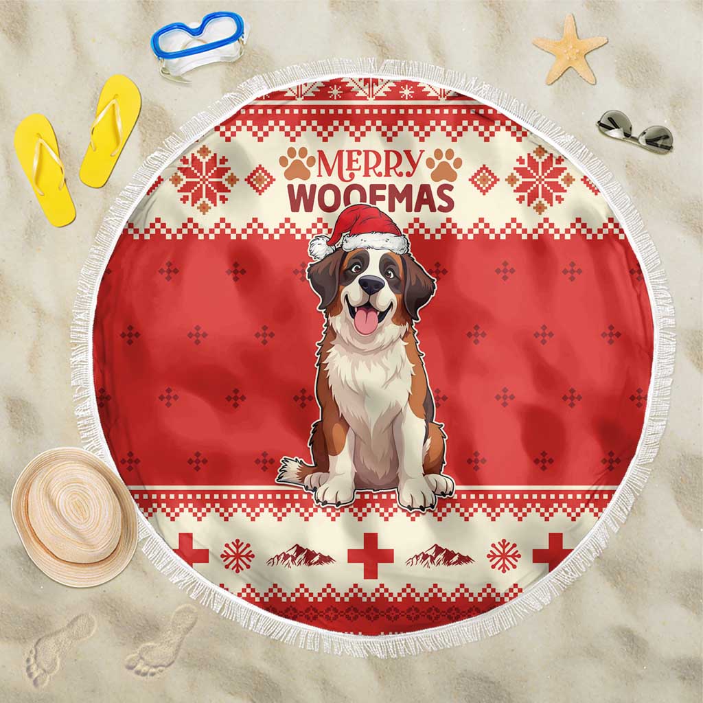 Red round Christmas beach blanket with white fringe, Saint Bernard graphic and 'Merry Woofmas' text