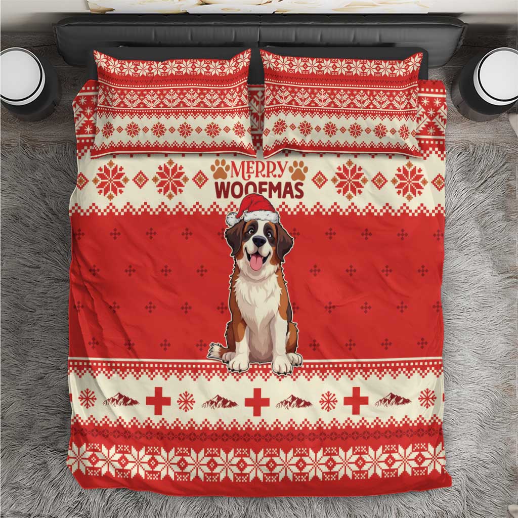 Red Christmas bedding set with two pillowcases, dog graphic, and “Merry Woofmas” text
