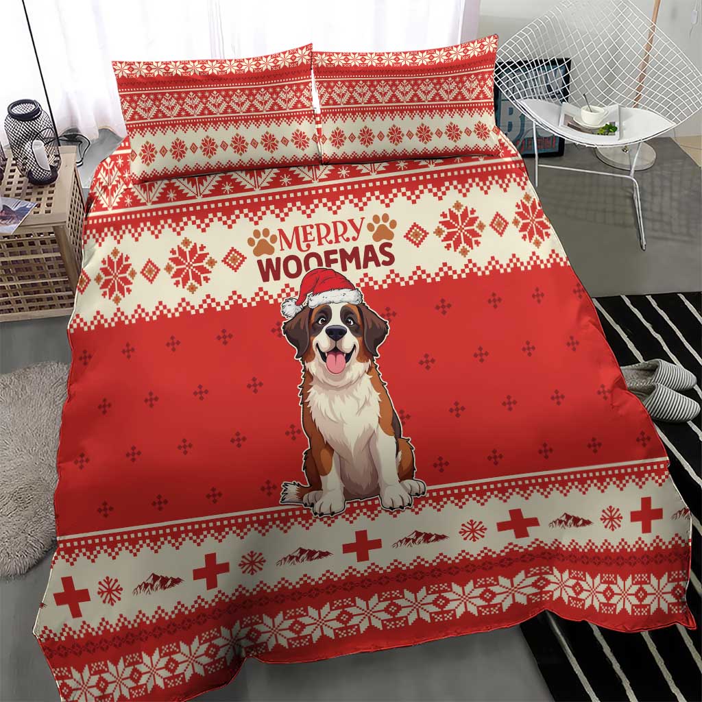 Red Christmas bedding set with dog print, patterned border stripes, and festive motifs