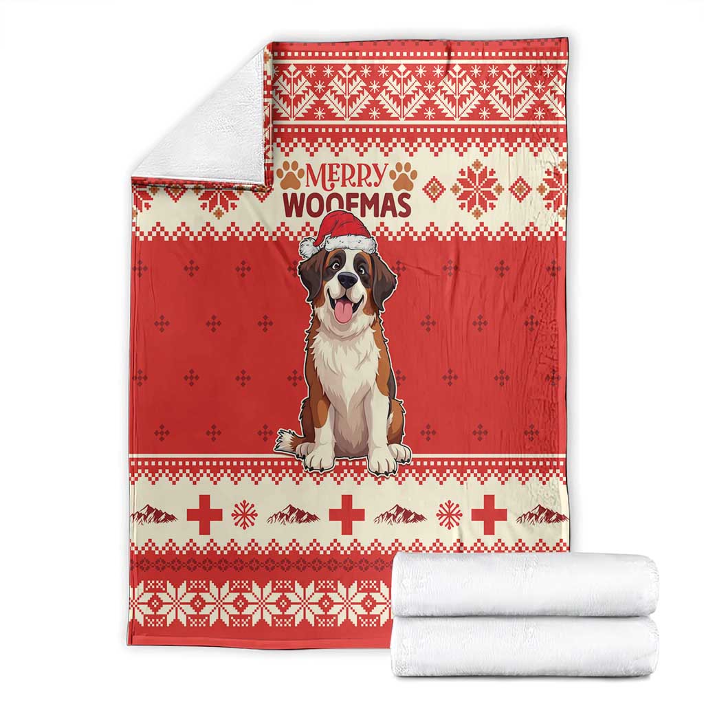 Folded red Christmas blanket set with Saint Bernard 'Merry Woofmas' print