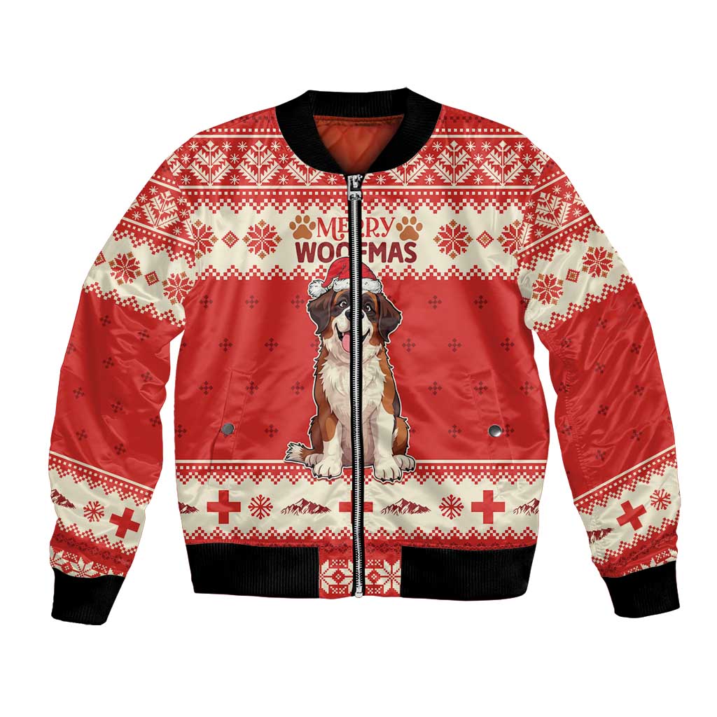 Red and white Christmas bomber jacket with Saint Bernard graphic and full zipper