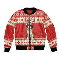 Red and white Christmas bomber jacket with Saint Bernard graphic and full zipper