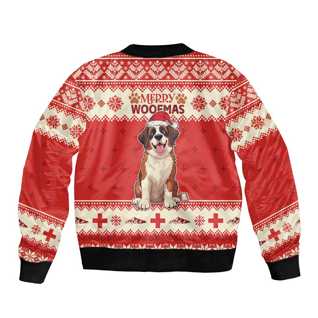 Red Christmas bomber jacket with back Saint Bernard graphic and Merry WOOFMAS text