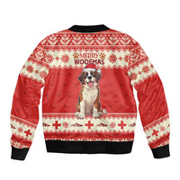 Red Christmas bomber jacket with back Saint Bernard graphic and Merry WOOFMAS text