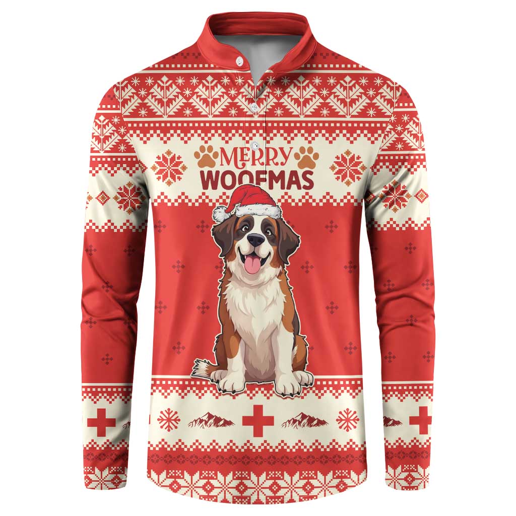 Red button-up Christmas sweatshirt with dog graphic, fair isle pattern, long sleeves