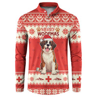 Red button-up Christmas sweatshirt with dog graphic, fair isle pattern, long sleeves