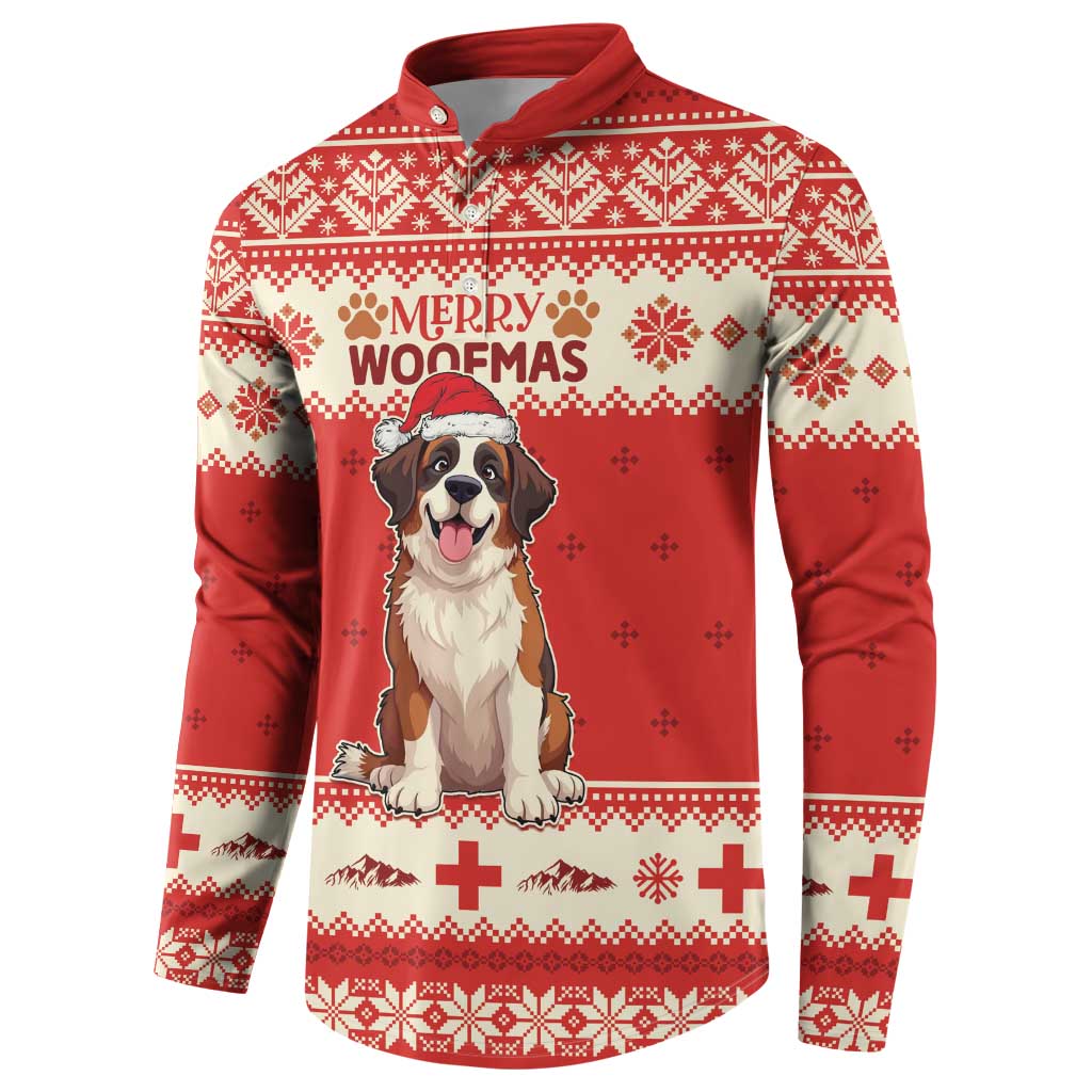 Red Christmas sweatshirt with Merry Woofmas dog graphic, button front