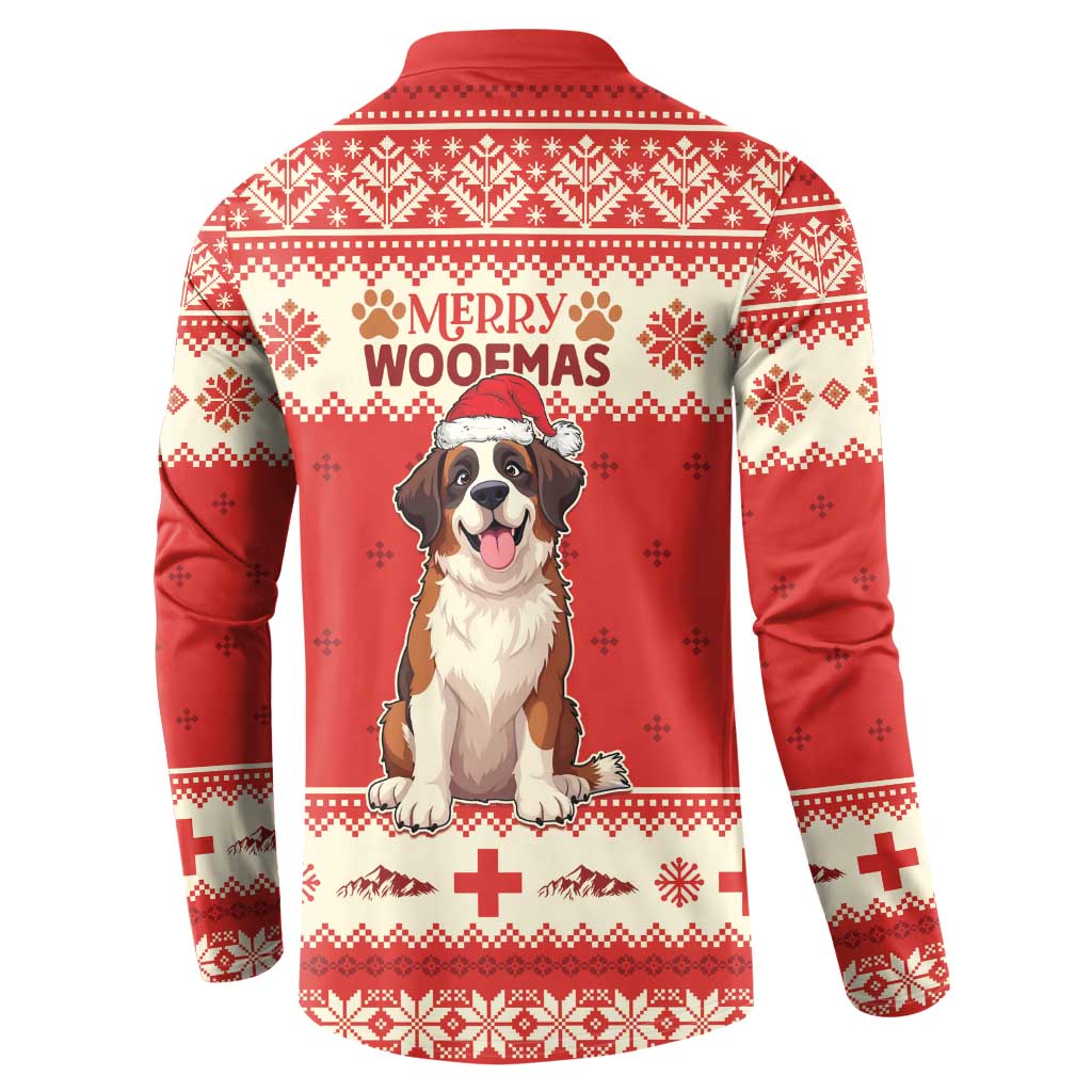 Red Christmas sweatshirt back with dog graphic, Merry Woofmas text, button front