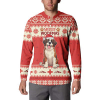 Red Christmas button-up sweatshirt with dog graphic and fair isle border, long sleeves