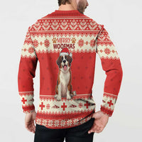 Red Christmas button-up sweatshirt back view with dog graphic and cross patterns