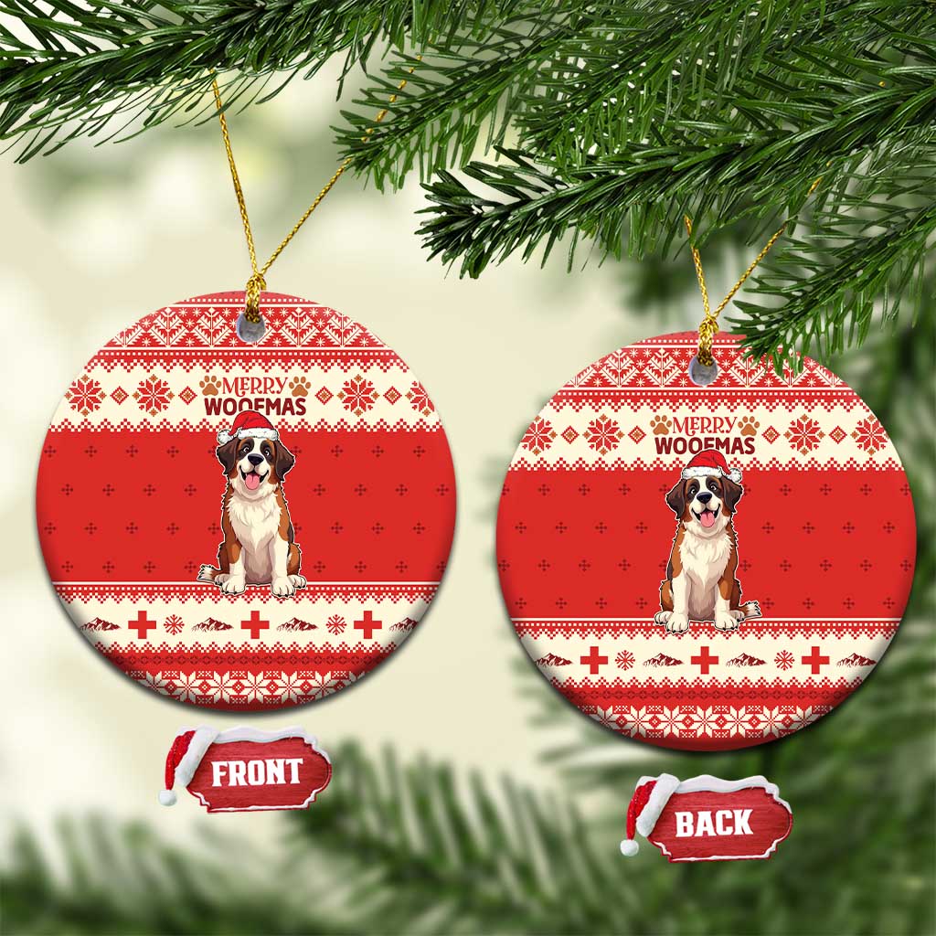 Red round ceramic Christmas ornament with a Saint Bernard dog and Merry Woofmas text