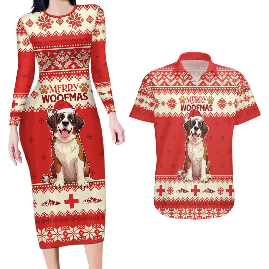 Switzerland Christmas Couples Matching Long Sleeve Bodycon Dress and Hawaiian Shirt Cute Saint Bernard Merry Woofmas LT05 - Wonder Print Shop